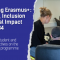 The visual shows on the left side the title "Rethinking Erasmus+ Priorities, Inclusion and Global Impact 2028-2034 " and the subtitle: “ESN presents student and alumni perspectives on the next Erasmus+ programme". On the right there is a picture of three young people discussing. 