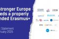 Graphic with dark blue background on the left and white background on the right. Large text reads ‘A stronger Europe needs a properly funded Erasmus+’. Smaller text below reads ‘Joint Statement – 7 January 2026’. On the right side, logos of multiple European higher education and student organisations are displayed, including associations of universities, student unions, and university networks, indicating a joint call for adequate funding of the Erasmus+ programme.